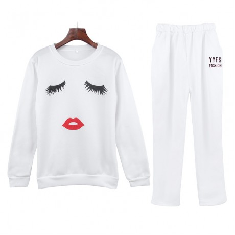 Womens Casual Tops Round Neck Lip Printing Sports Suit Tunic Sweatshirts and Pants Sets(s-xxl)