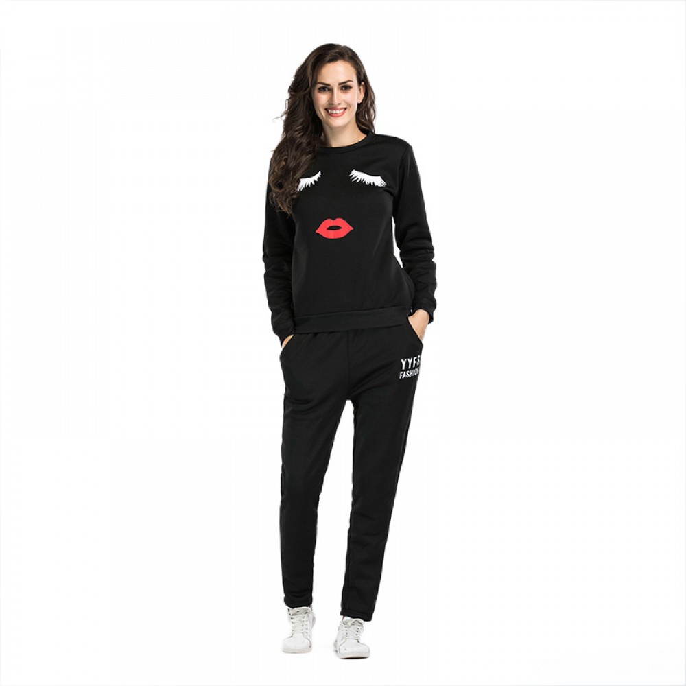 Womens Casual Tops Round Neck Lip Printing Sports Suit Tunic Sweatshirts and Pants Sets(s-xxl)