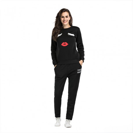 Womens Casual Tops Round Neck Lip Printing Sports Suit Tunic Sweatshirts and Pants Sets(s-xxl)