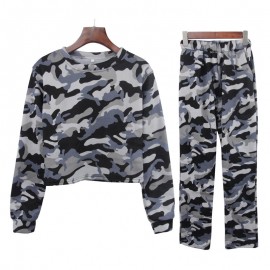 Women Camouflage Sweatsuits Round Neck Short Tops+Long Pants Top Outfit Set(s-xxl) 