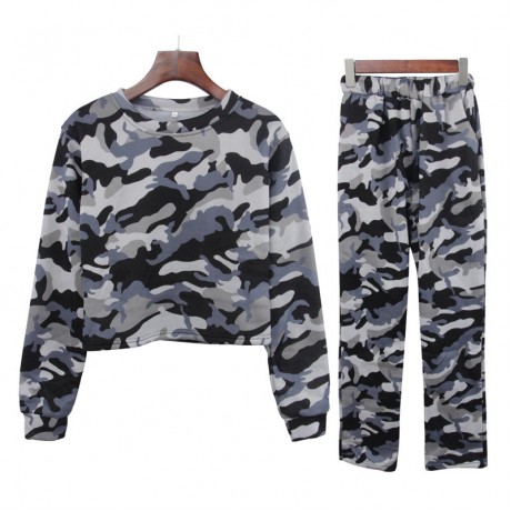 Women Camouflage Sweatsuits Round Neck Short Tops+Long Pants Top Outfit Set(s-xxl)