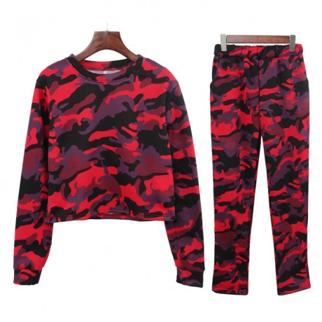 Women Camouflage Sweatsuits Round Neck Short Tops+Long Pants Top Outfit Set(s-xxl)