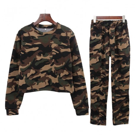Women Camouflage Sweatsuits Round Neck Short Tops+Long Pants Top Outfit Set(s-xxl)