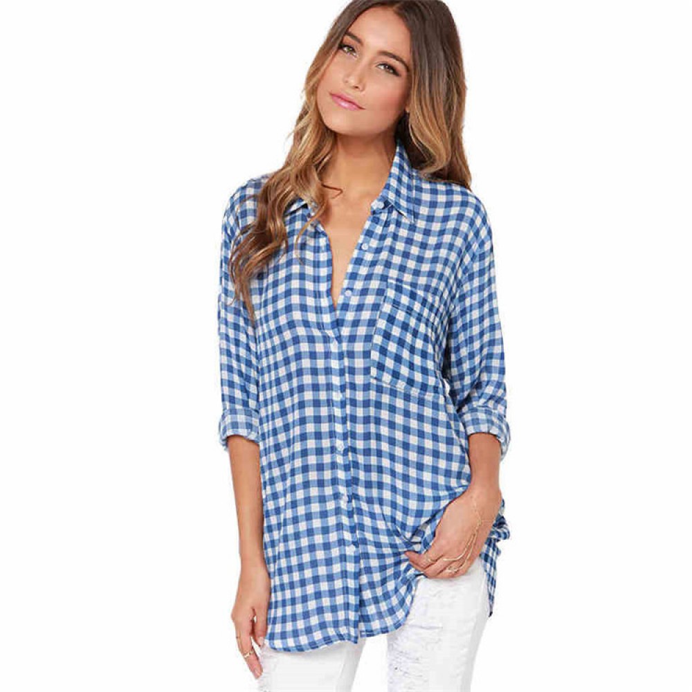 Women's Long Sleeve Casual Loose Classic Plaid Button Down Shirt Blue(s-xxl)