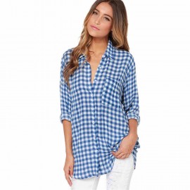 Women's Long Sleeve Casual Loose Classic Plaid Button Down Shirt Blue(s-xxl) 