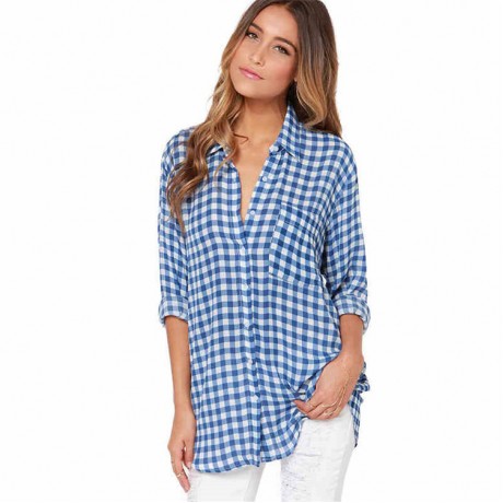 Women's Long Sleeve Casual Loose Classic Plaid Button Down Shirt Blue(s-xxl)
