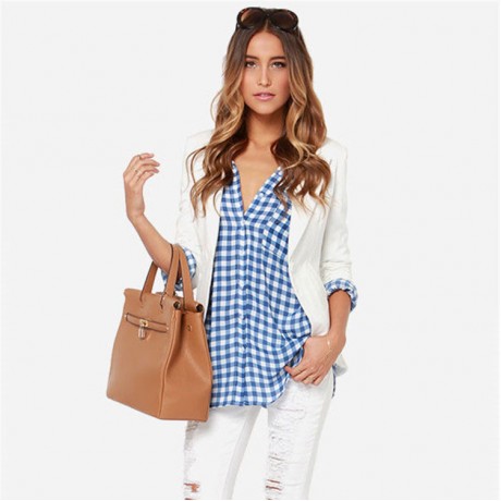Women's Long Sleeve Casual Loose Classic Plaid Button Down Shirt Blue(s-xxl)