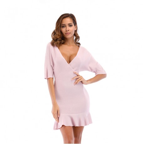 Women's 2018 Casual Summer V-Neck Sexy Knitted Bodycon Dress Bat Sleeves Ruffled Skirt(M L XL)