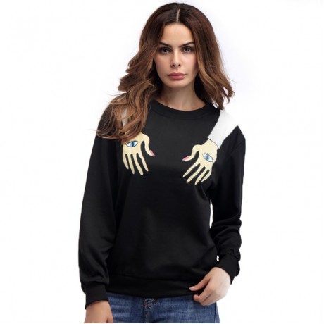 Women's Black Casual Long Sleeve Sweatershirt Hands Print Tops(S-XL)