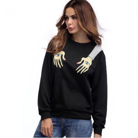 Women's Black Casual Long Sleeve Sweatershirt Hands Print Tops(S-XL)