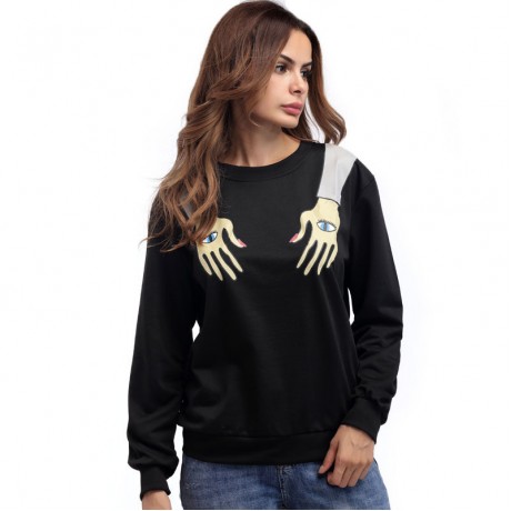Women's Black Casual Long Sleeve Sweatershirt Hands Print Tops(S-XL)