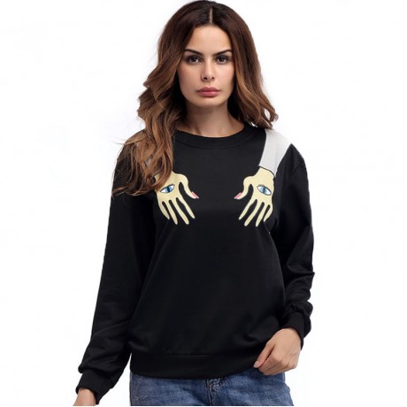 Women's Black Casual Long Sleeve Sweatershirt Hands Print Tops(S-XL)
