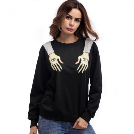 Women's Black Casual Long Sleeve Sweatershirt Hands Print Tops(S-XL)
