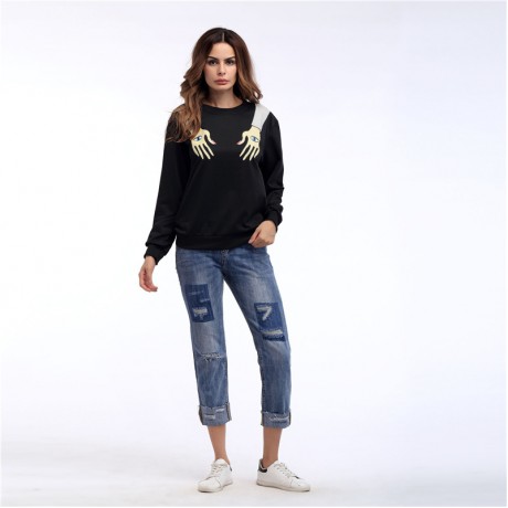 Women's Black Casual Long Sleeve Sweatershirt Hands Print Tops(S-XL)