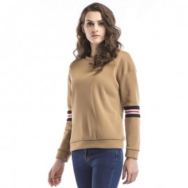 Women New Long Sleeve Warm Velevt Sweatershirt Stripes T-shirt Tops Khaki(S-XL) 