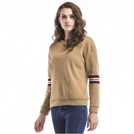 Women New Long Sleeve Warm Velevt Sweatershirt Stripes T-shirt Tops Khaki(S-XL)