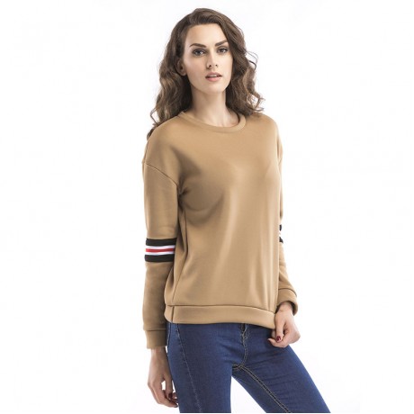 Women New Long Sleeve Warm Velevt Sweatershirt Stripes T-shirt Tops Khaki(S-XL)