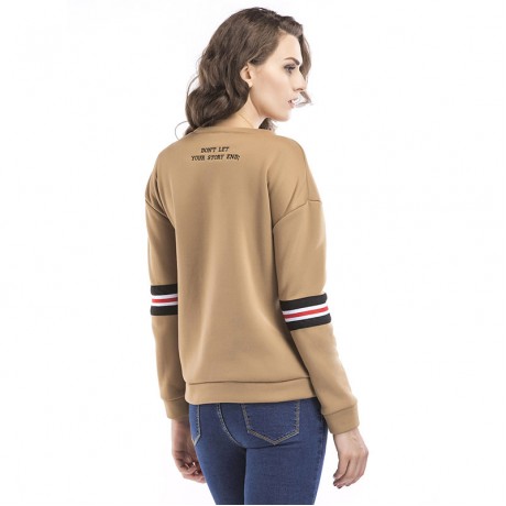 Women New Long Sleeve Warm Velevt Sweatershirt Stripes T-shirt Tops Khaki(S-XL)