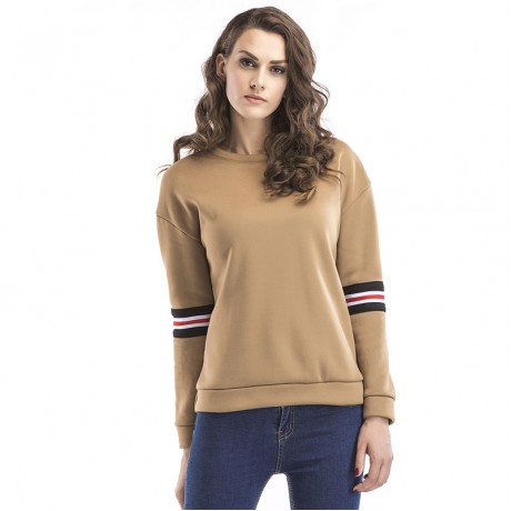 Women New Long Sleeve Warm Velevt Sweatershirt Stripes T-shirt Tops Khaki(S-XL)