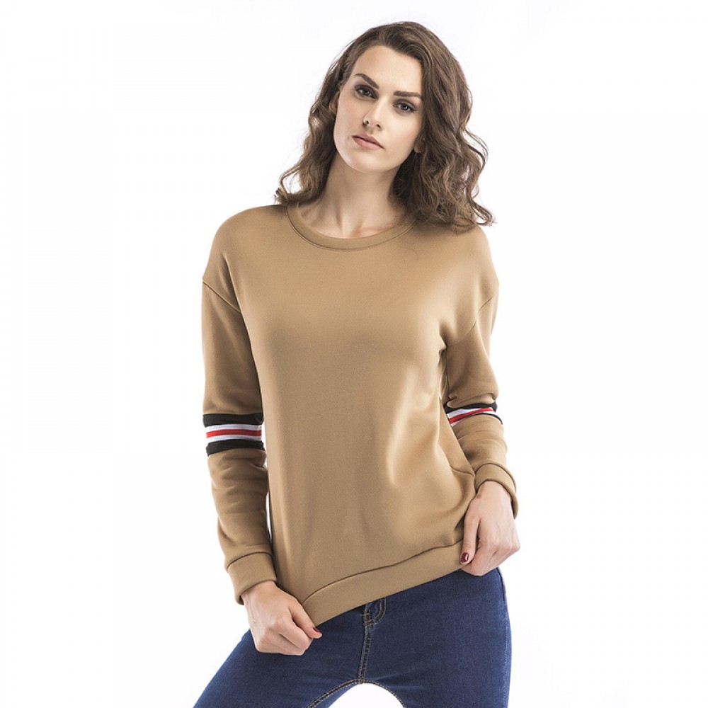 Women New Long Sleeve Warm Velevt Sweatershirt Stripes T-shirt Tops Khaki(S-XL)
