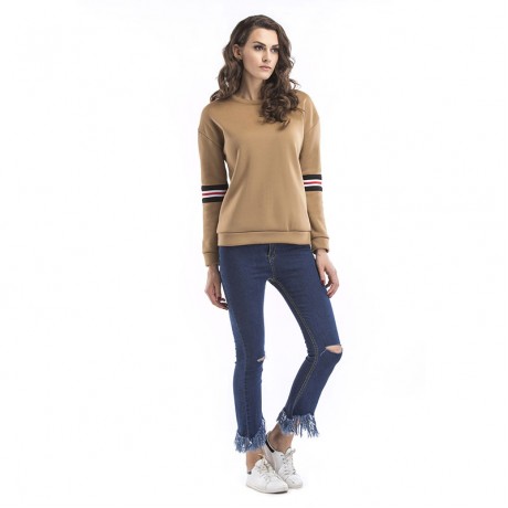Women New Long Sleeve Warm Velevt Sweatershirt Stripes T-shirt Tops Khaki(S-XL)
