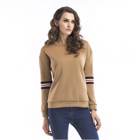 Women New Long Sleeve Warm Velevt Sweatershirt Stripes T-shirt Tops Khaki(S-XL)