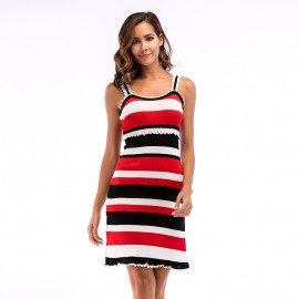 Women Knit Dress Striped Print Sleeveless Midi Slip Ruffle Dresses