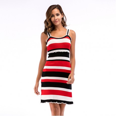 Women Knit Dress Striped Print Sleeveless Midi Slip Ruffle Dresses