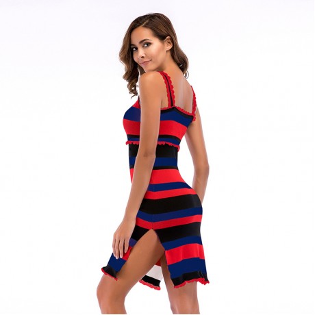 Women Knit Dress Striped Print Sleeveless Midi Slip Ruffle Dresses