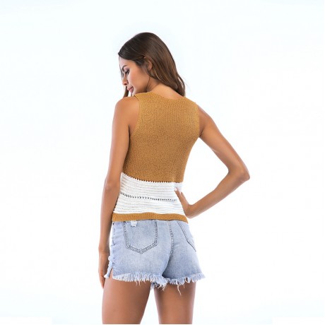 Women Top Vest Knit Crop Tank Top Halter Sleeveless V Neck Colorblock Camisole Tops