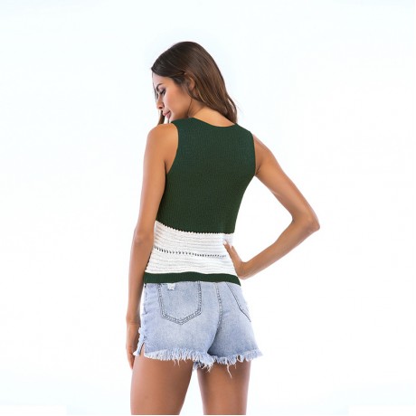 Women Top Vest Knit Crop Tank Top Halter Sleeveless V Neck Colorblock Camisole Tops