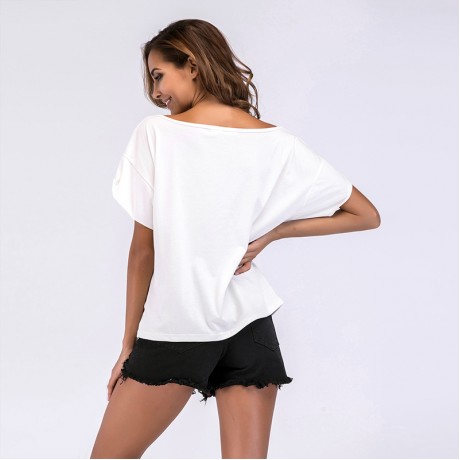 Women's Tops Loose Shoulder T Shirts Blouses T-Shirt Blouse Short Sleeve White