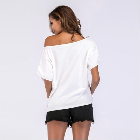 Women's Tops Loose Shoulder T Shirts Blouses T-Shirt Blouse Short Sleeve White