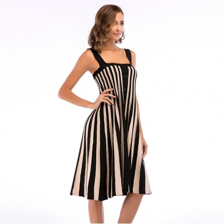 Women's Summer Striped Spaghetti Strap Button Down Swing Midi Dress 