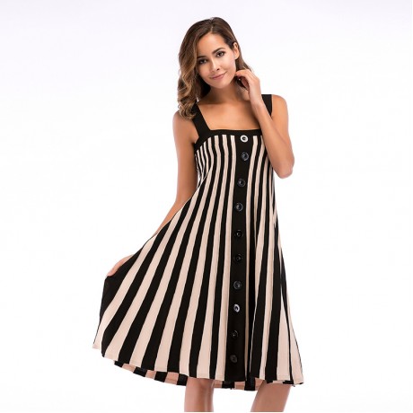 Women's Summer Striped Spaghetti Strap Button Down Swing Midi Dress 