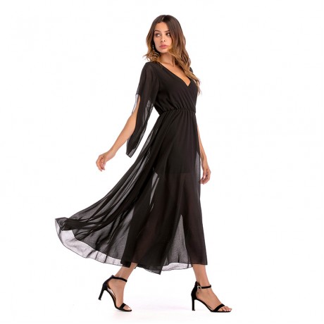 Women Loose Chiffon Dress 3/4 Sleeve Long Maxi Tunic Swing Dress(3 Colors)S-XXL