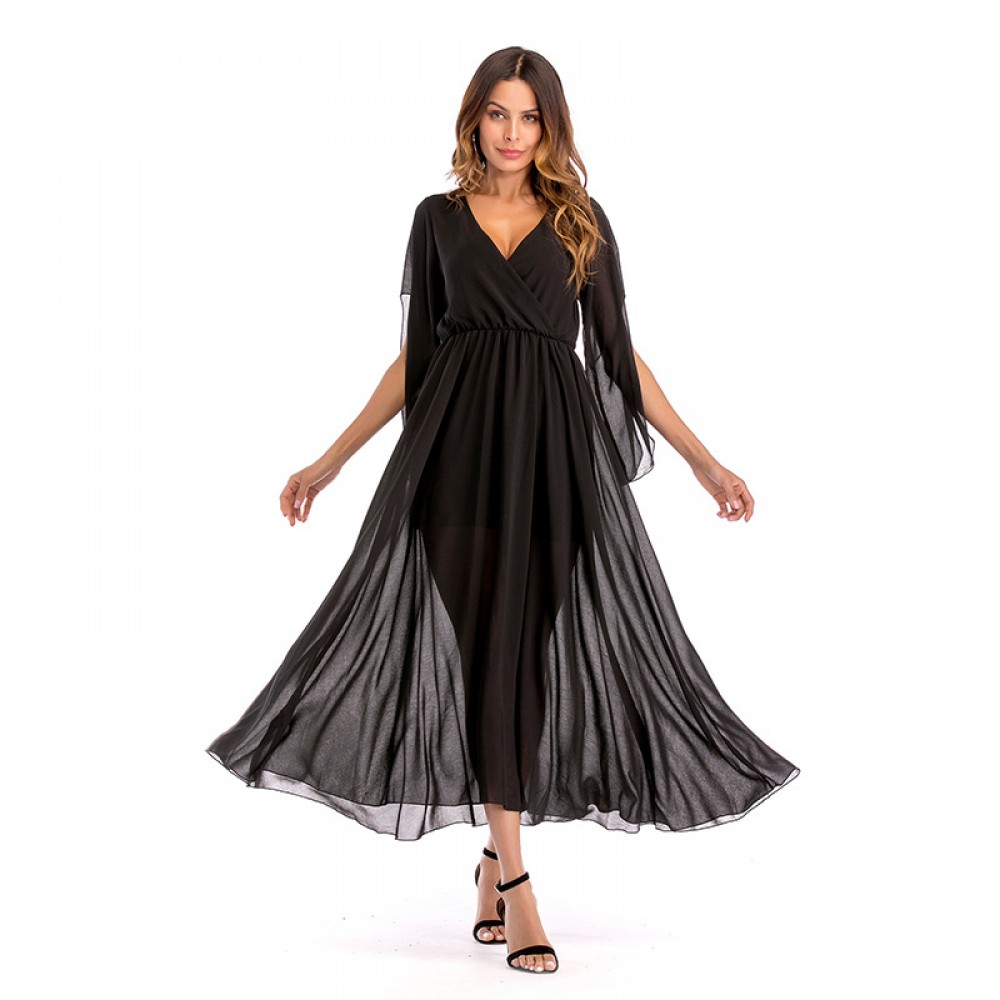 Women Loose Chiffon Dress 3/4 Sleeve Long Maxi Tunic Swing Dress(3 Colors)S-XXL