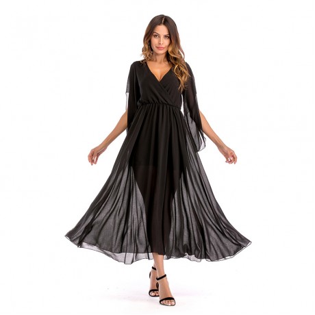 Women Loose Chiffon Dress 3/4 Sleeve Long Maxi Tunic Swing Dress(3 Colors)S-XXL