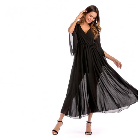 Women Loose Chiffon Dress 3/4 Sleeve Long Maxi Tunic Swing Dress(3 Colors)S-XXL