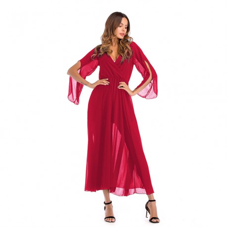 Women Loose Chiffon Dress 3/4 Sleeve Long Maxi Tunic Swing Dress(3 Colors)S-XXL