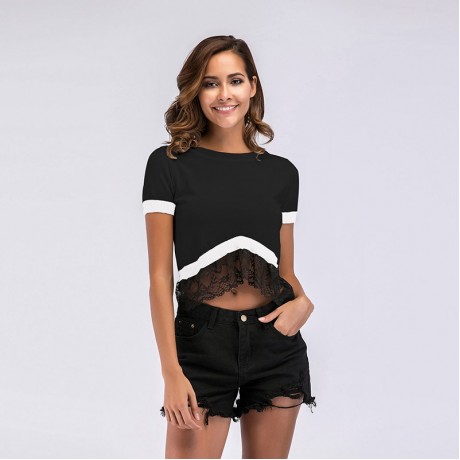 Women's Summer Short Sleeve Lace Crop Tee T-Shirt Top Short Tops for Juniors 