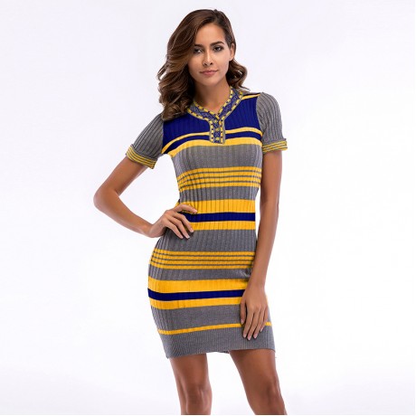 Women's Casual Striped Knit Short Sleeve Work Office Career Casual Bodycon Dress