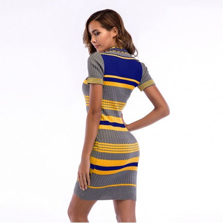 Women's Casual Striped Knit Short Sleeve Work Office Career Casual Bodycon Dress