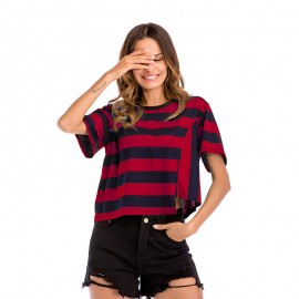 Women Short Sleeve Uneven Hem Fashion Tops Block Stripe T-Shirt Casual Blouse (M-XXL)