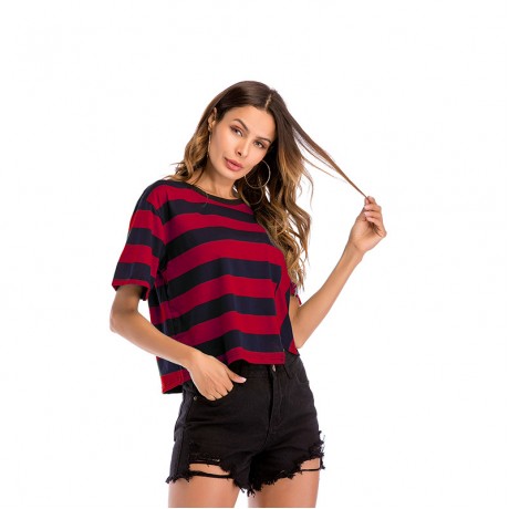 Women Short Sleeve Uneven Hem Fashion Tops Block Stripe T-Shirt Casual Blouse (M-XXL)