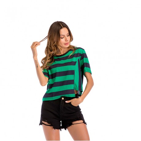Women Short Sleeve Uneven Hem Fashion Tops Block Stripe T-Shirt Casual Blouse (M-XXL)