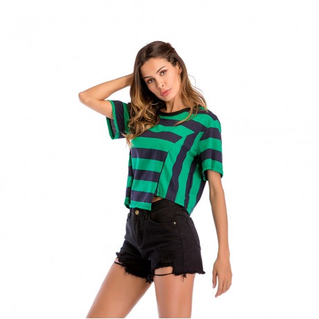 Women Short Sleeve Uneven Hem Fashion Tops Block Stripe T-Shirt Casual Blouse (M-XXL)