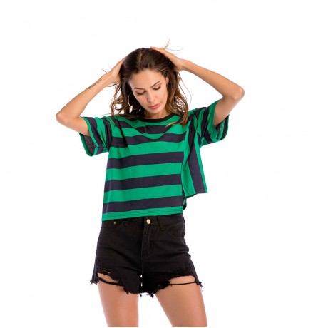 Women Short Sleeve Uneven Hem Fashion Tops Block Stripe T-Shirt Casual Blouse (M-XXL)