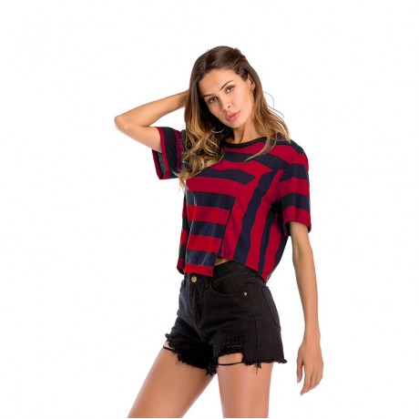 Women Short Sleeve Uneven Hem Fashion Tops Block Stripe T-Shirt Casual Blouse (M-XXL)