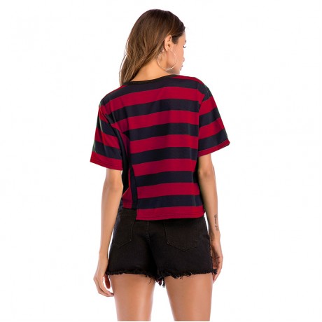 Women Short Sleeve Uneven Hem Fashion Tops Block Stripe T-Shirt Casual Blouse (M-XXL)